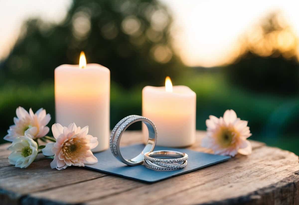 A serene outdoor setting with two intertwined rings placed on a rustic wooden table, surrounded by delicate flowers and soft candlelight