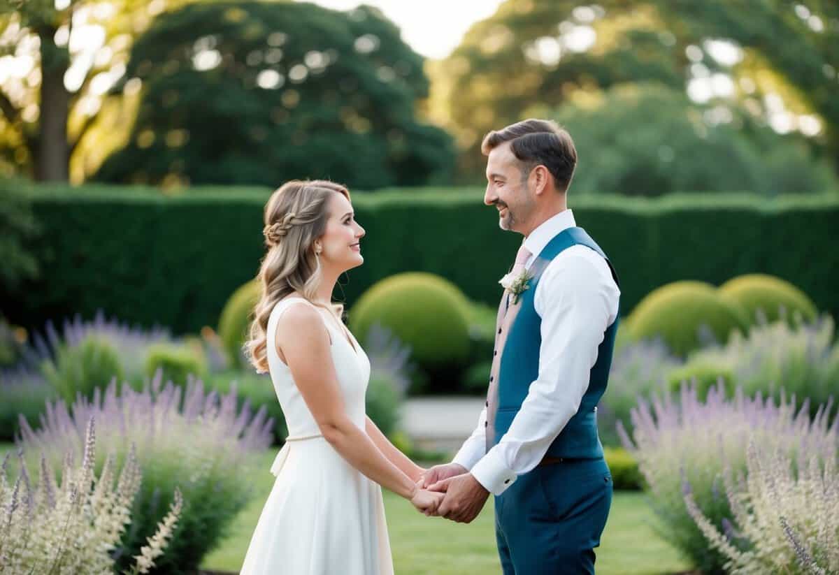 A couple standing in a peaceful garden, holding hands and looking into each other's eyes as they exchange simple vows