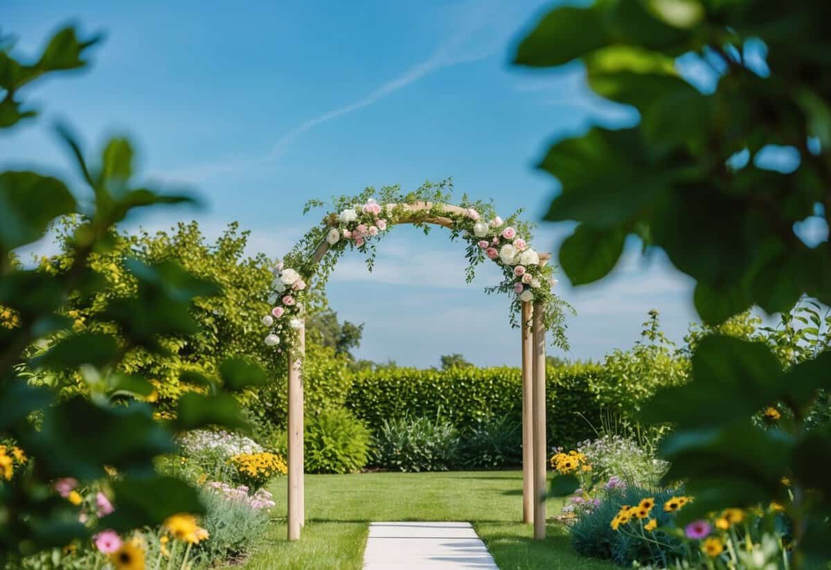 A serene garden with a simple wooden arch adorned with fresh flowers, set against a backdrop of lush greenery and a clear blue sky