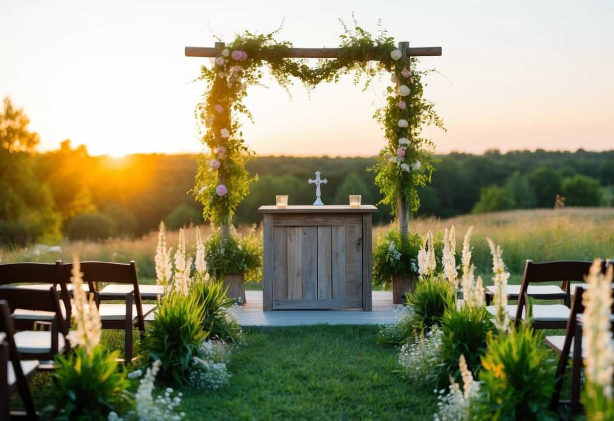 A serene outdoor setting with a rustic wooden altar adorned with wildflowers and greenery. The sun is setting, casting a warm glow over the scene