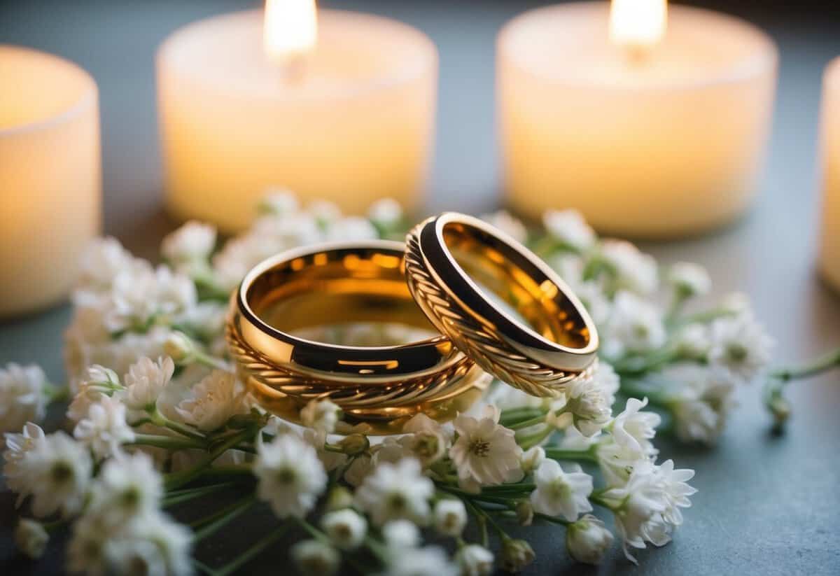 A pair of intertwined golden rings resting on a bed of delicate white flowers, surrounded by soft candlelight