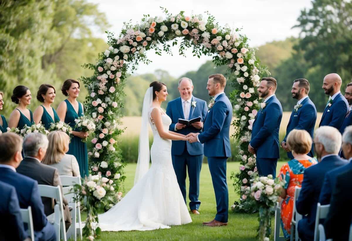 A bride and groom stand beneath a floral arch, exchanging vows in front of a crowd of family and friends