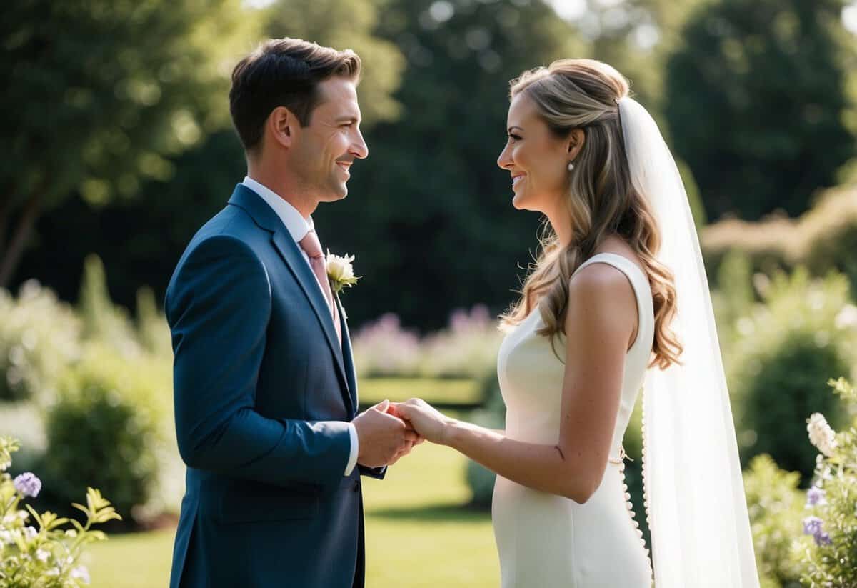 A couple standing face to face, surrounded by a serene garden, exchanging heartfelt vows