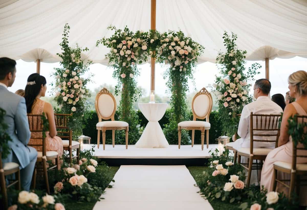 A wedding altar with two ornate chairs, surrounded by blooming flowers and greenery, under a billowing canopy