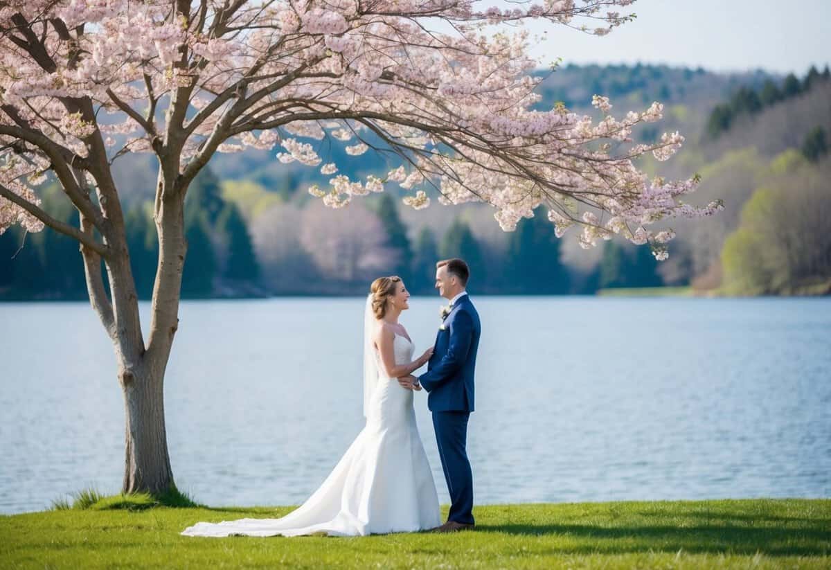 A couple standing beneath a blooming tree, exchanging vows with a serene lake in the background