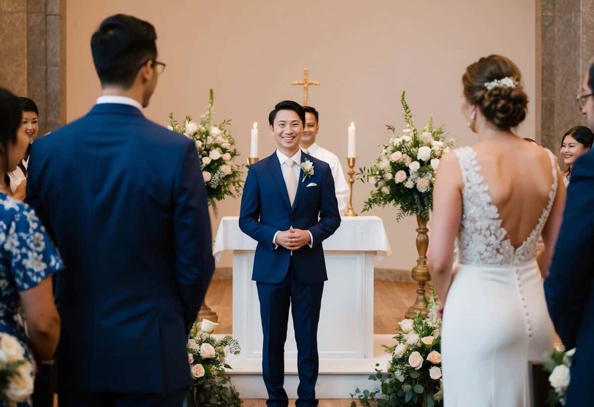 A person standing at an altar, facing a couple with a smile, surrounded by flowers and candles, in front of witnesses