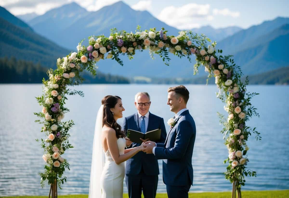 A couple standing beneath a floral arch, exchanging heartfelt vows in front of a serene lake with mountains in the background