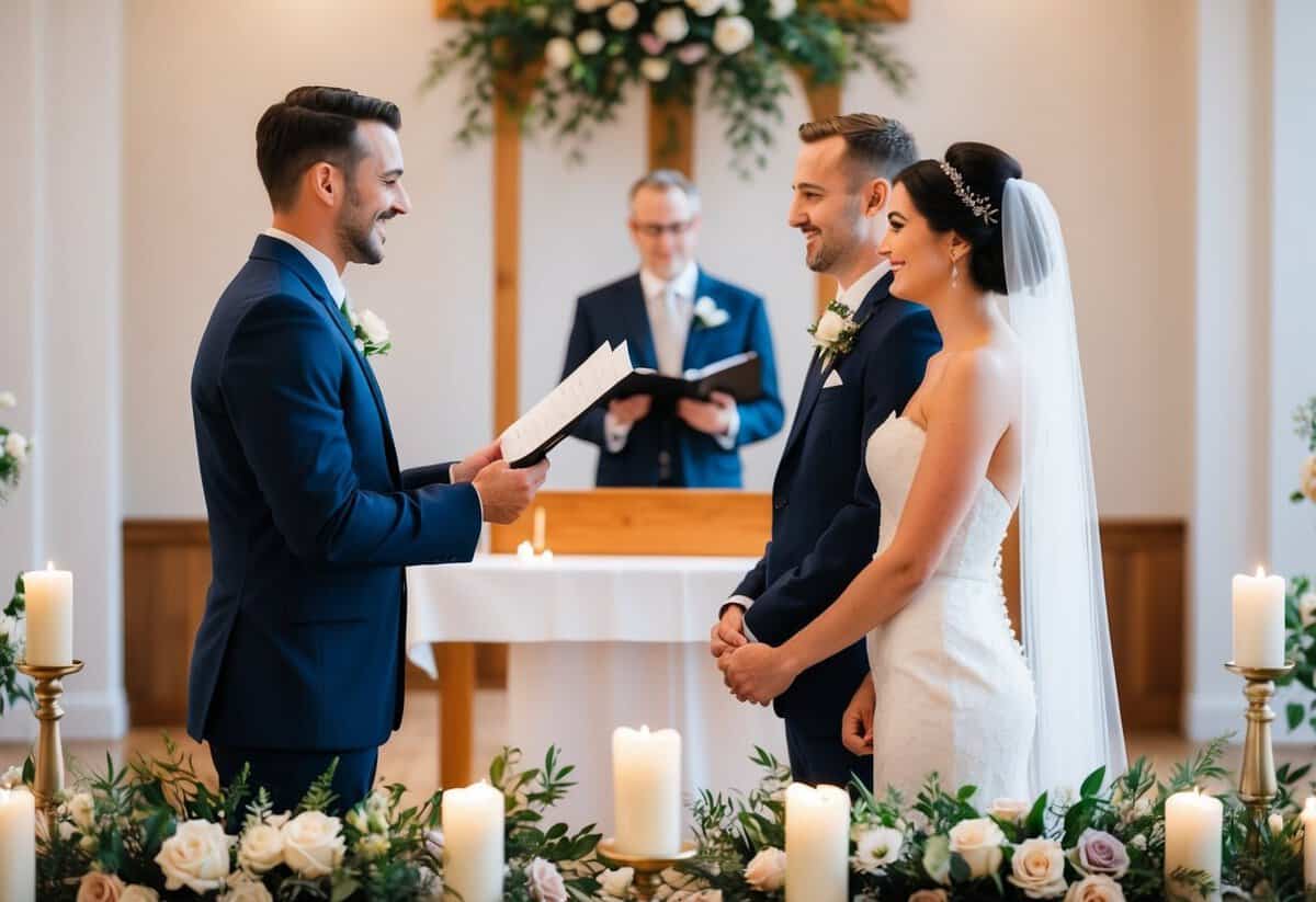 A celebrant standing before an altar, holding a script, with a couple facing each other, surrounded by flowers and candles