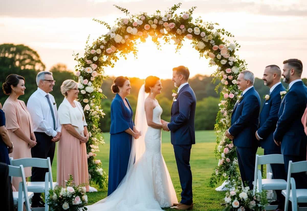 A couple stands beneath a floral arch, surrounded by family and friends. The sun sets behind them as they exchange traditional wedding vows