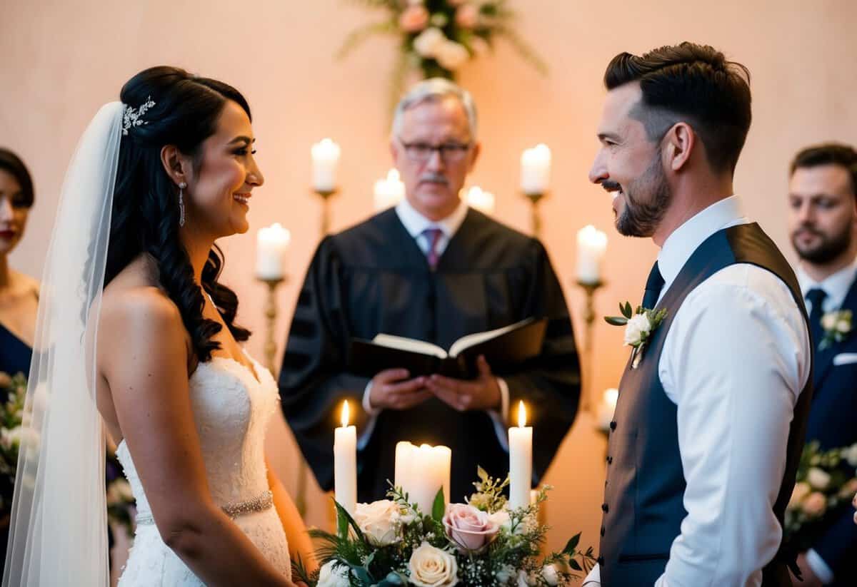 A couple stands facing each other, surrounded by flowers and candles, as the officiant speaks with warmth and authority