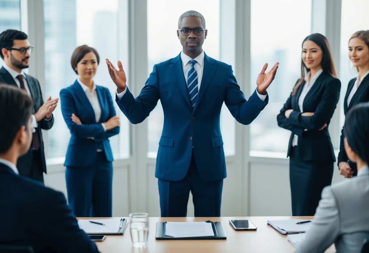 A figure standing before a group, gesturing with authority