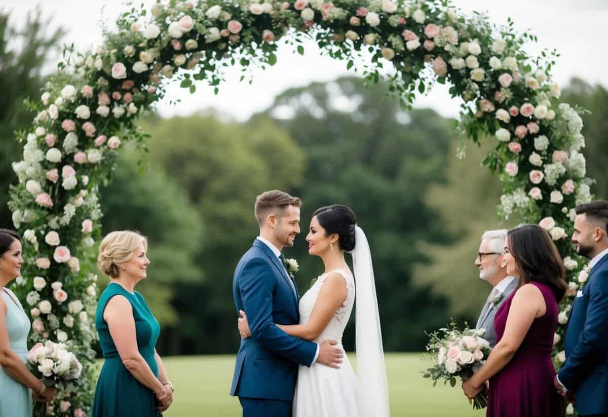 A couple standing beneath a floral archway, facing each other with solemn expressions, surrounded by their loved ones