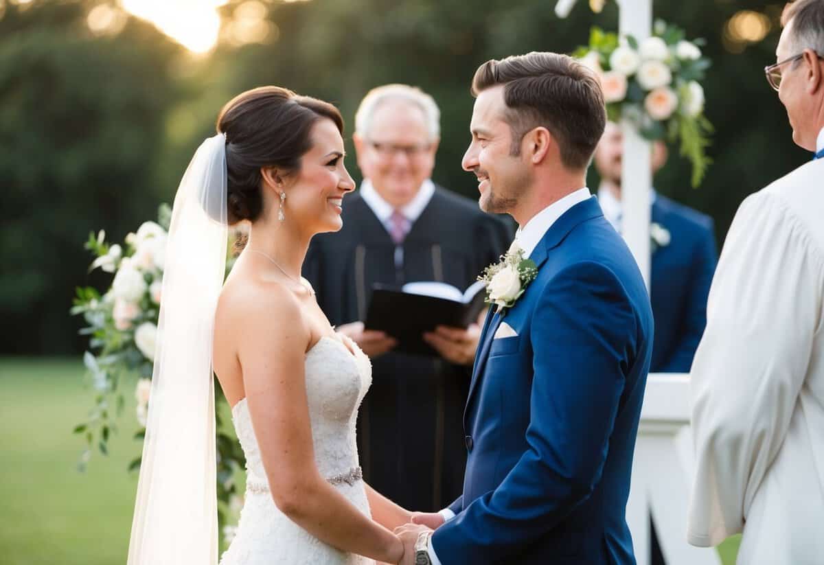 A bride and groom standing together, facing each other, with a wedding officiant in the background