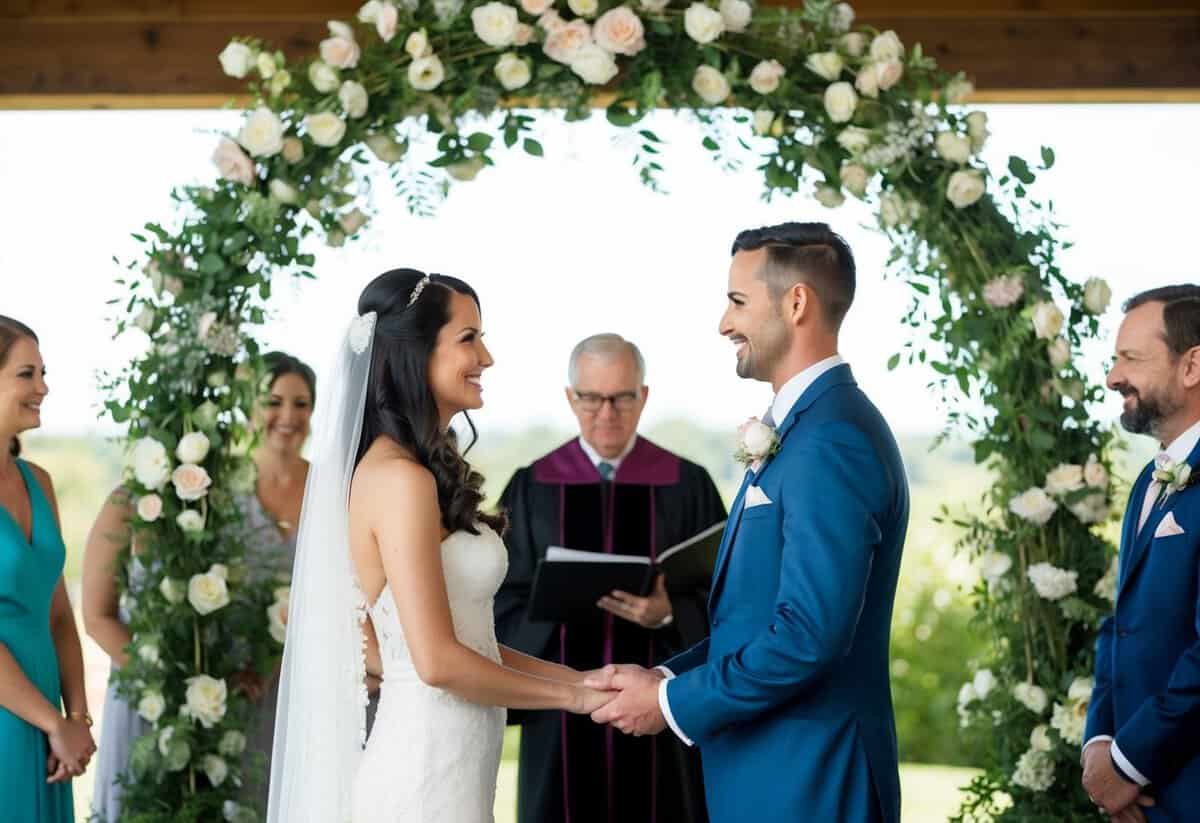 A bride and groom stand under a flower-covered arch, exchanging vows in front of an officiant and guests
