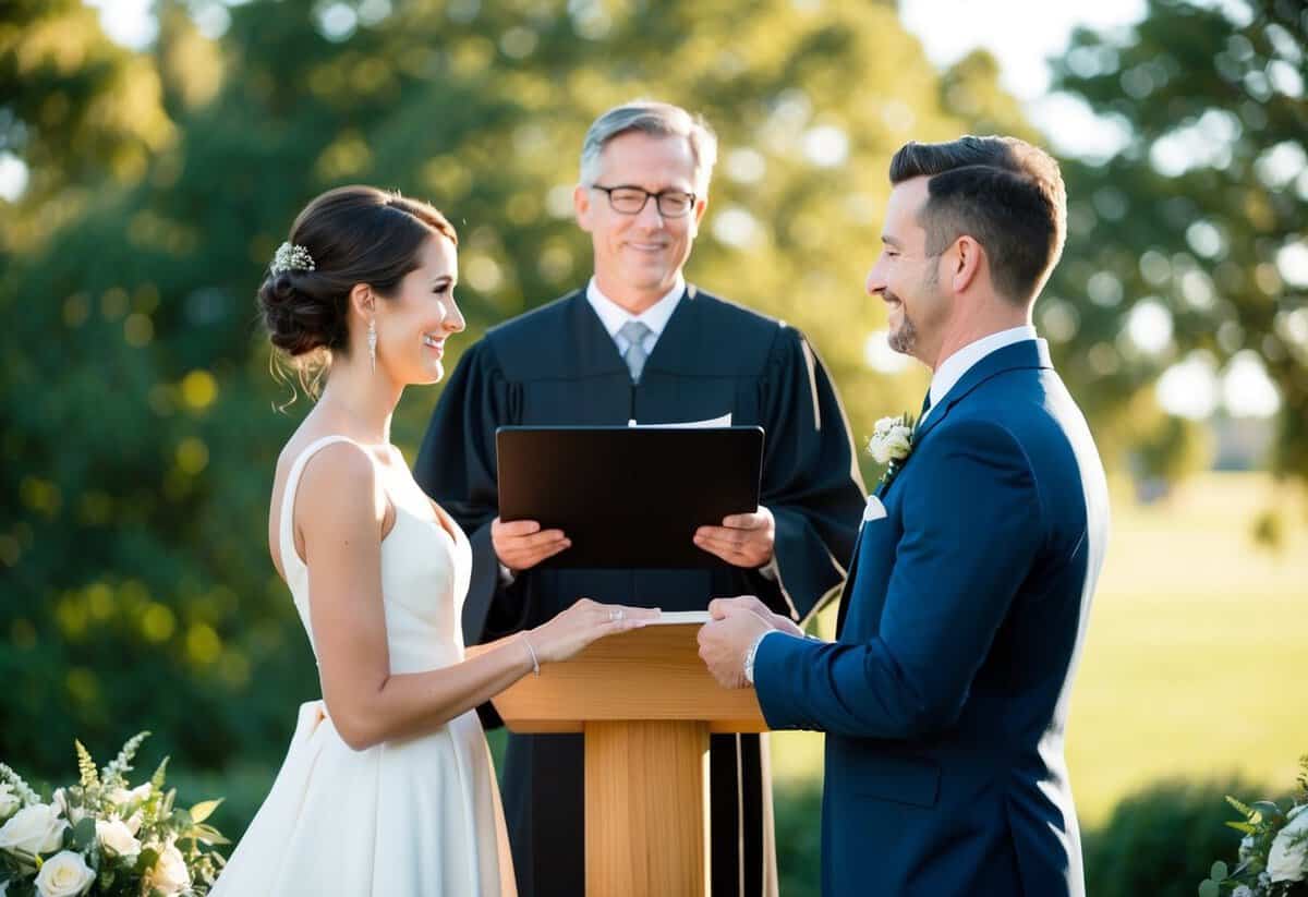A wedding officiant standing at a podium with a couple in front, exchanging vows