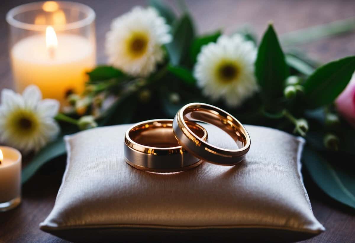 A pair of interlocked wedding rings placed on a cushioned surface, surrounded by fresh flowers and soft candlelight