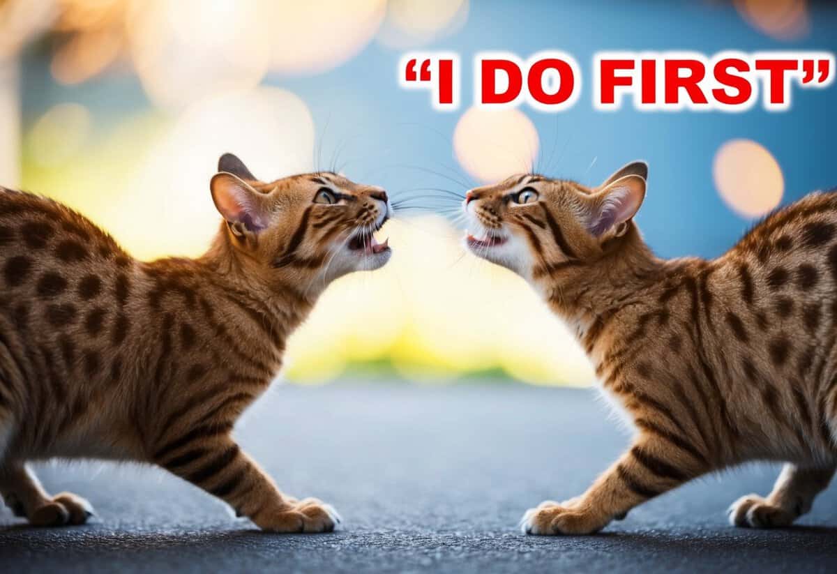 Two animals reaching for the same object, one saying "I do first."