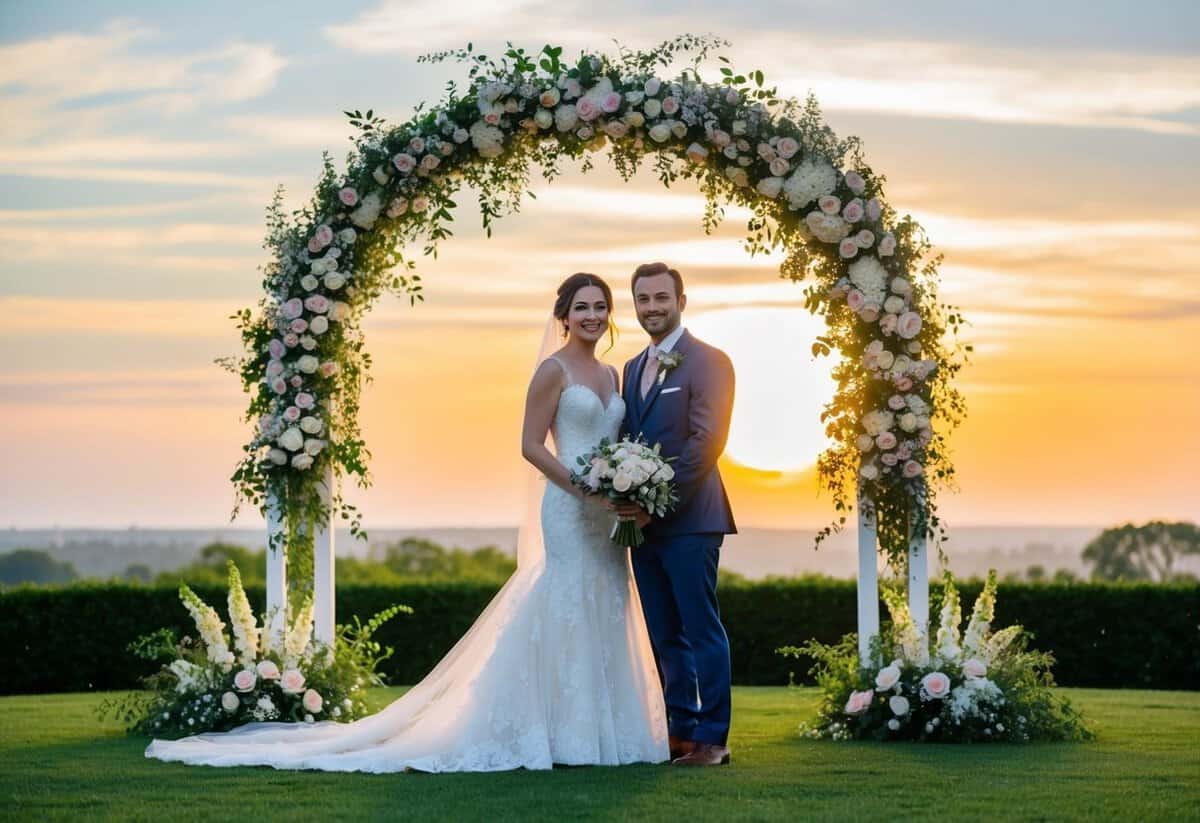 A couple standing in front of a beautiful wedding arch, surrounded by flowers and greenery, with the sun setting in the background