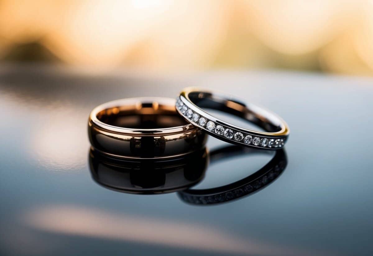 Two wedding rings interlocked on a reflective surface