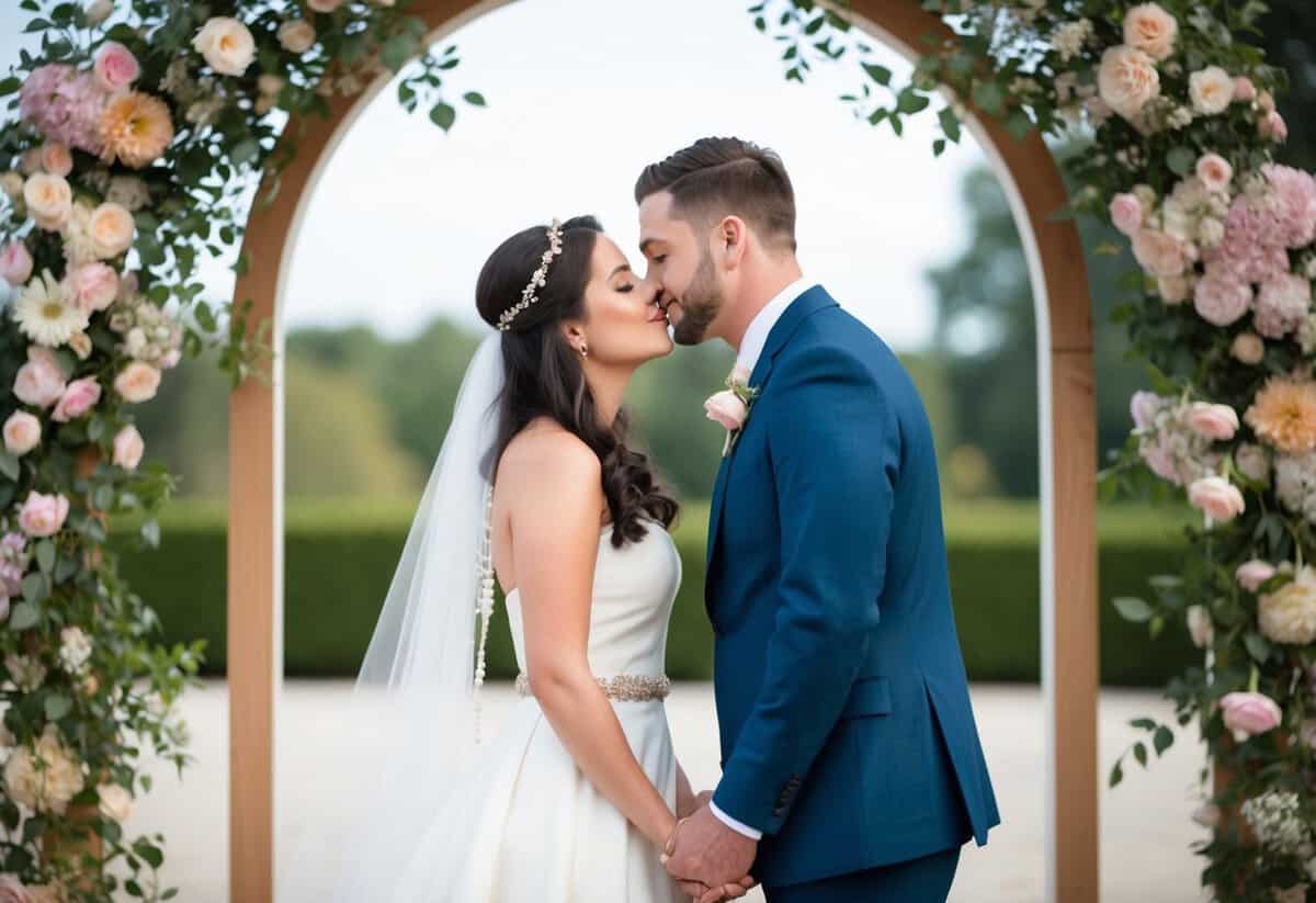 A couple stands facing each other, framed by an arch or canopy. They lean in for a kiss, surrounded by flowers or other symbolic elements