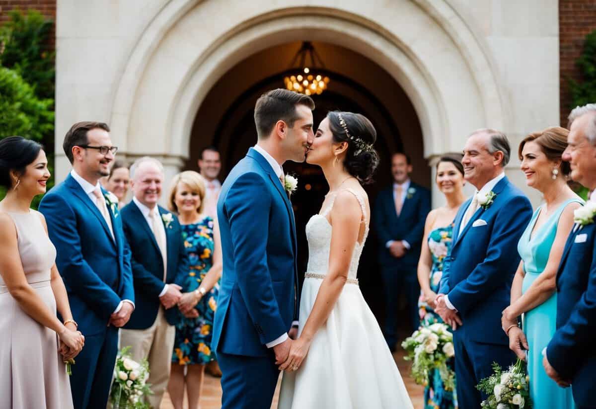 A couple stands facing each other, surrounded by friends and family, with a beautiful archway in the background. They lean in for a kiss after exchanging vows