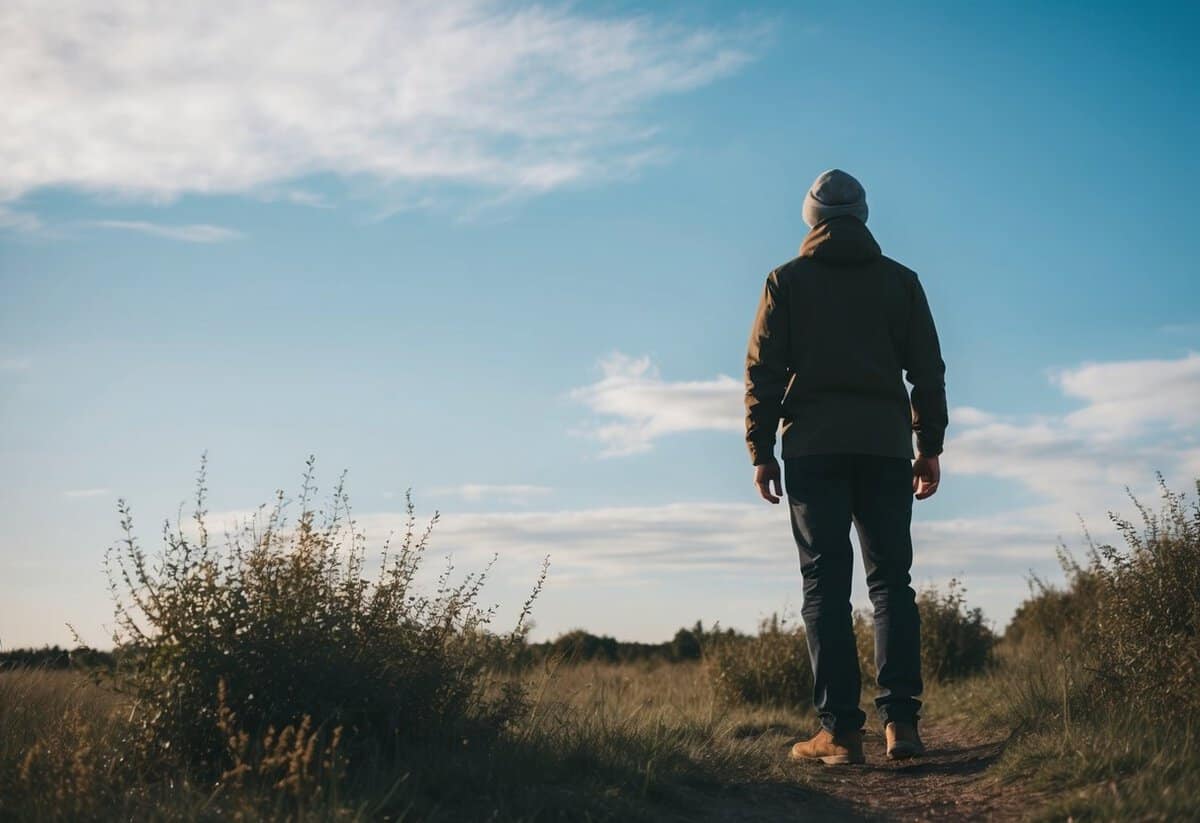 A person standing alone in a peaceful outdoor setting, surrounded by nature and open sky, with a sense of freedom and contemplation