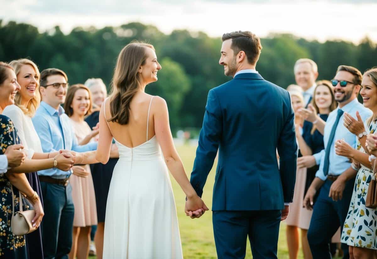 A couple stands facing each other, surrounded by joyful onlookers. They hold hands and smile, with a sense of love and happiness in the air