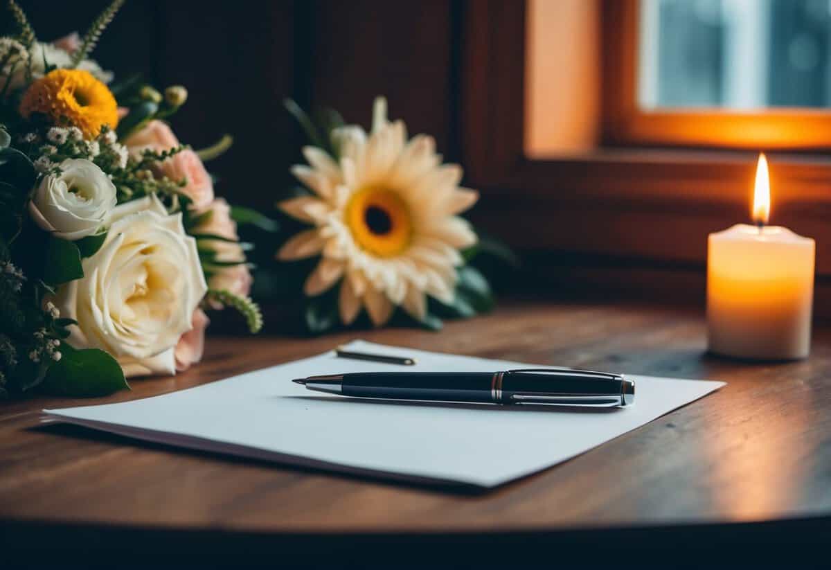 A pen and paper sit on a wooden desk, surrounded by a bouquet of flowers and a flickering candle