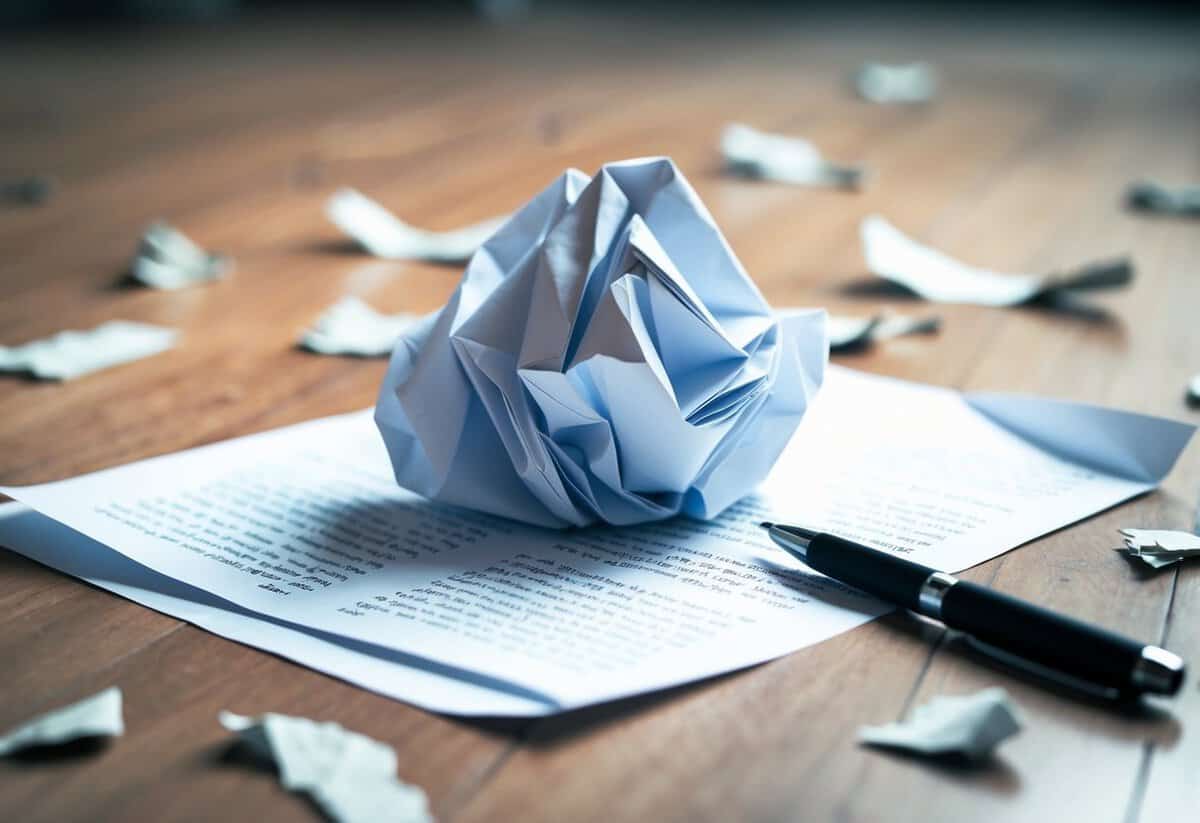 A crumpled sheet of paper on the floor, surrounded by torn scraps and an empty pen