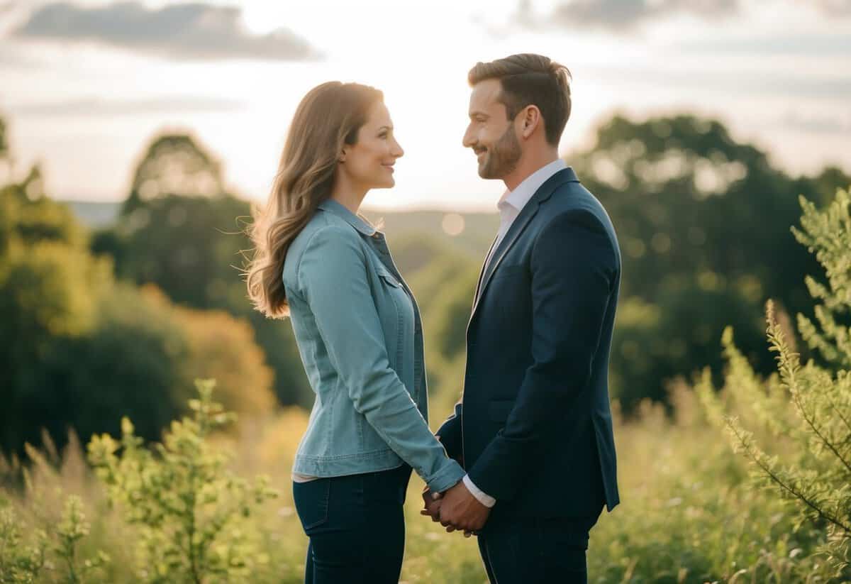A couple standing together facing each other, surrounded by nature, with a sense of love and commitment in the air