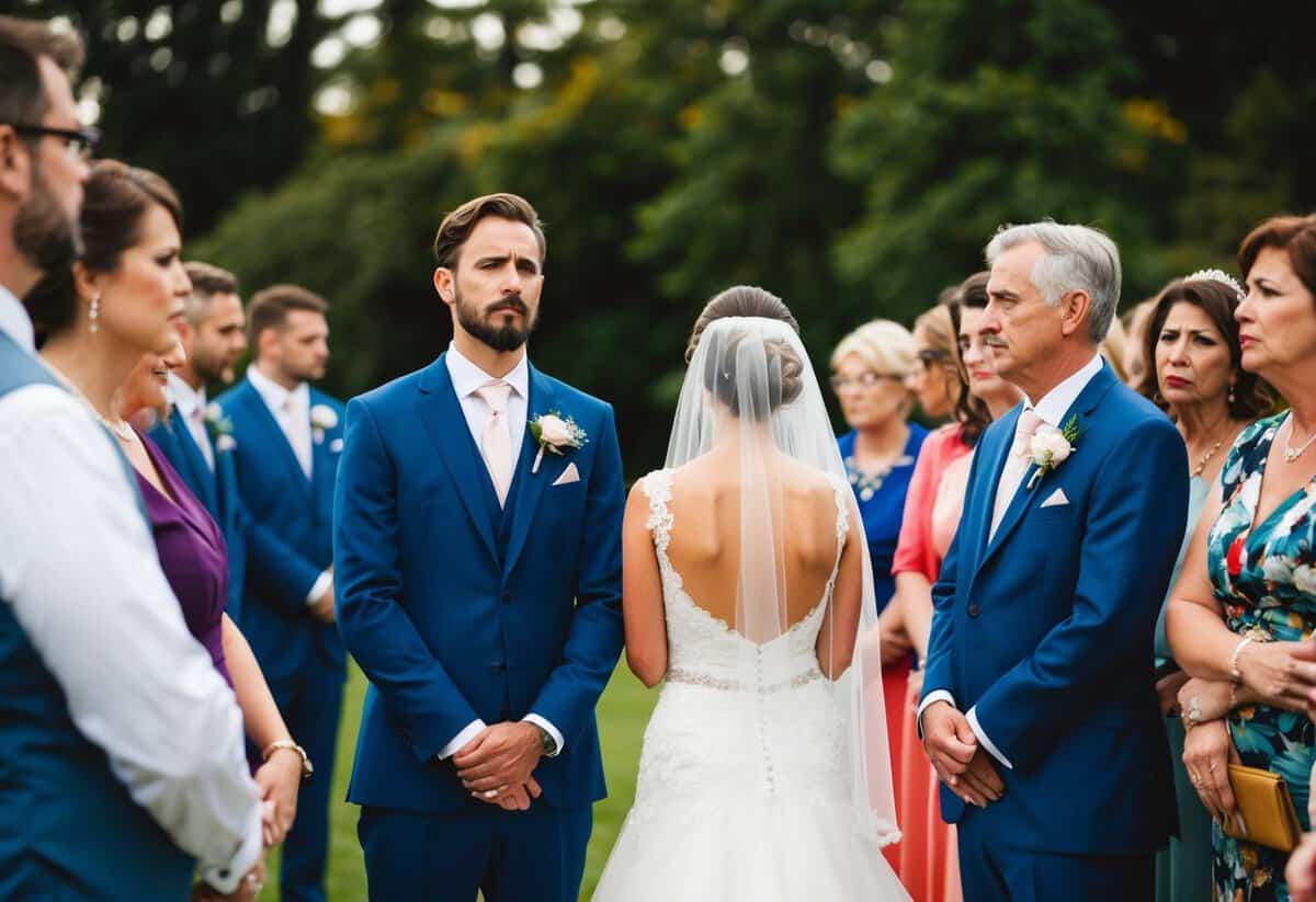 A groom stands empty-handed while the bride looks disappointed, guests whispering and exchanging concerned glances