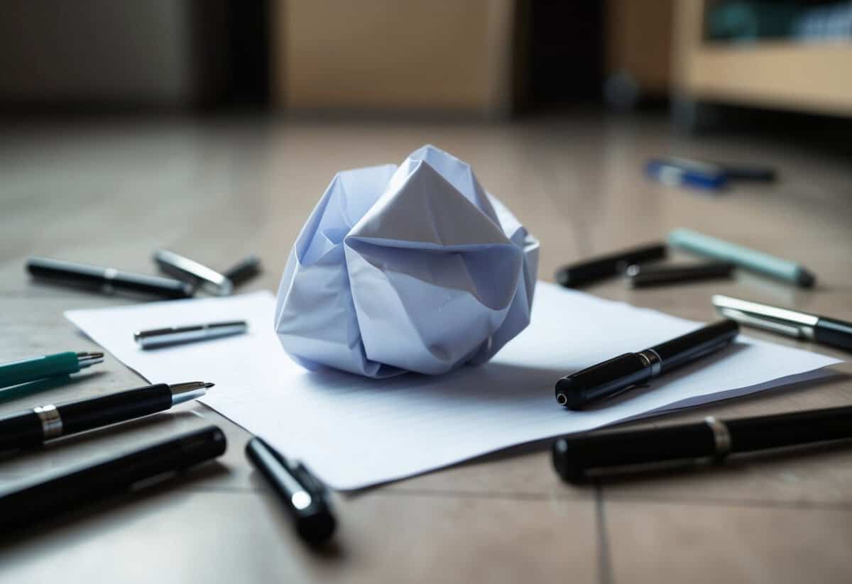 A crumpled piece of paper lies on the floor, surrounded by discarded pens and a frustrated look on the character's face