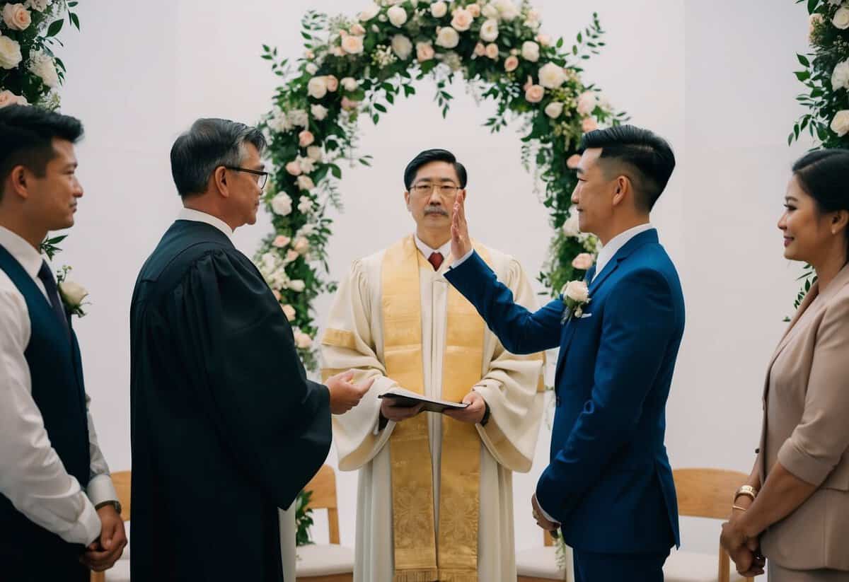 A figure stands before an officiant and witnesses, nodding in agreement. Flowers and decorations adorn the space