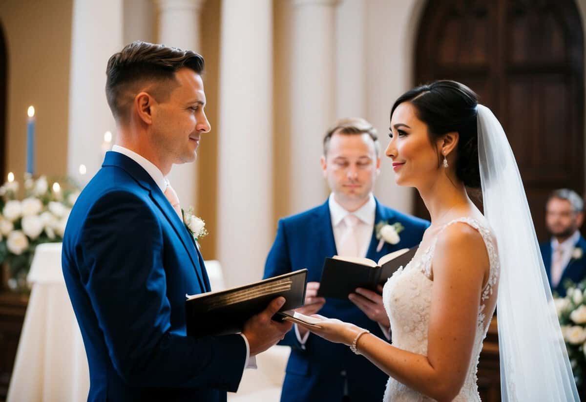 A couple stands at the altar, one holding a pre-written vow book while the other looks on with a neutral expression