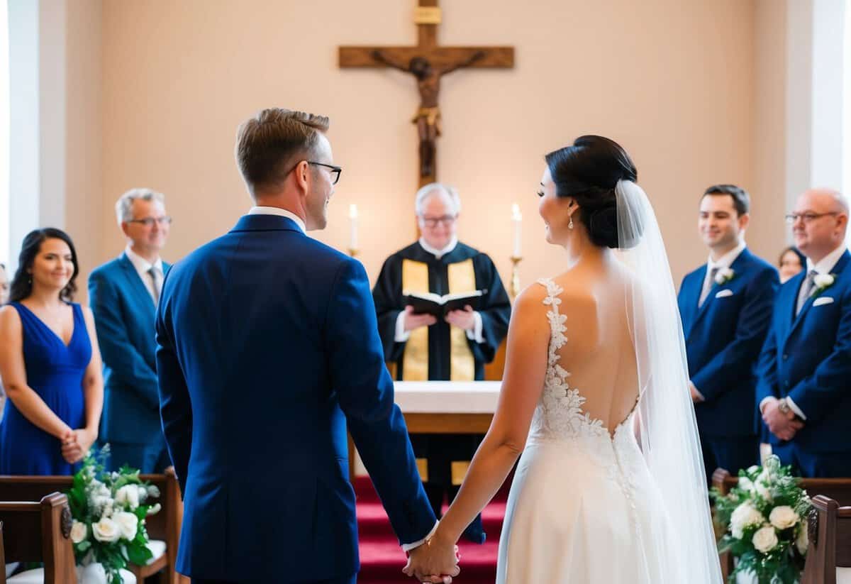 A couple standing at the altar, facing each other, with the officiant and guests in the background