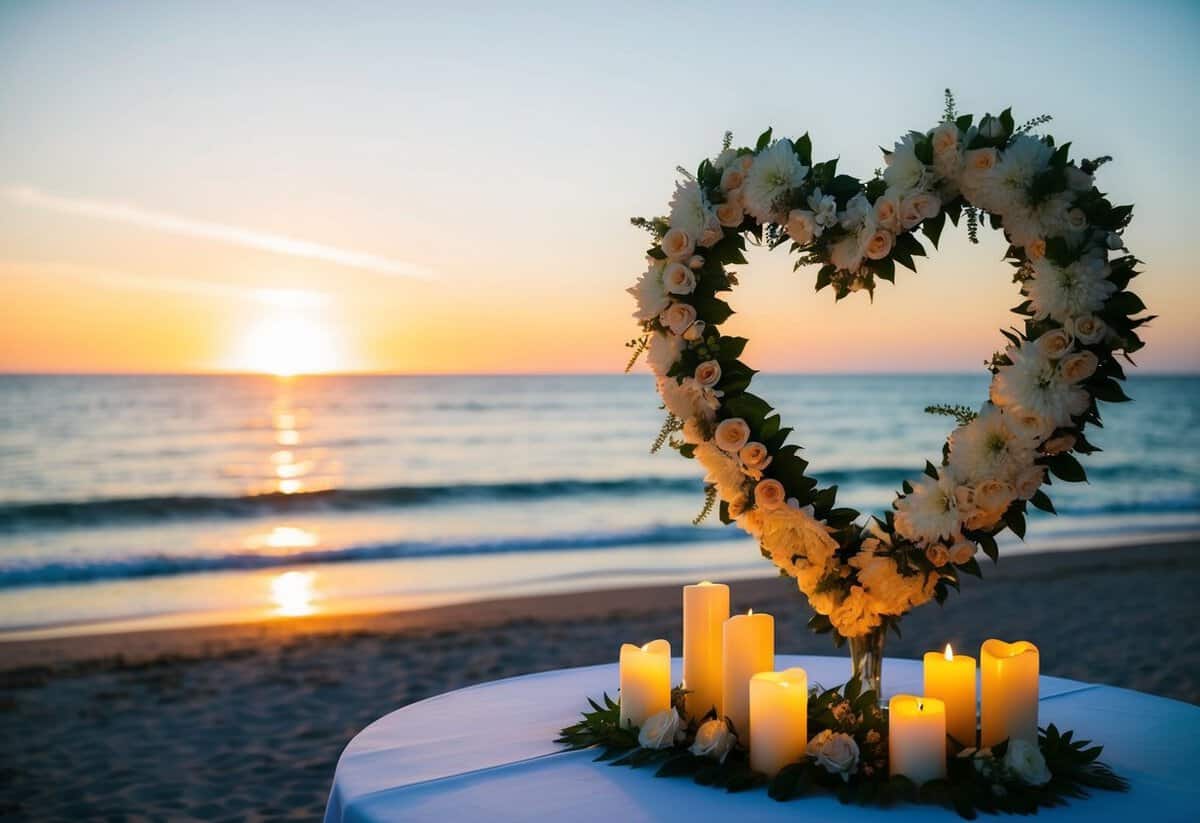 A sunset beach wedding with a heart-shaped arrangement of flowers and candles, overlooking the ocean