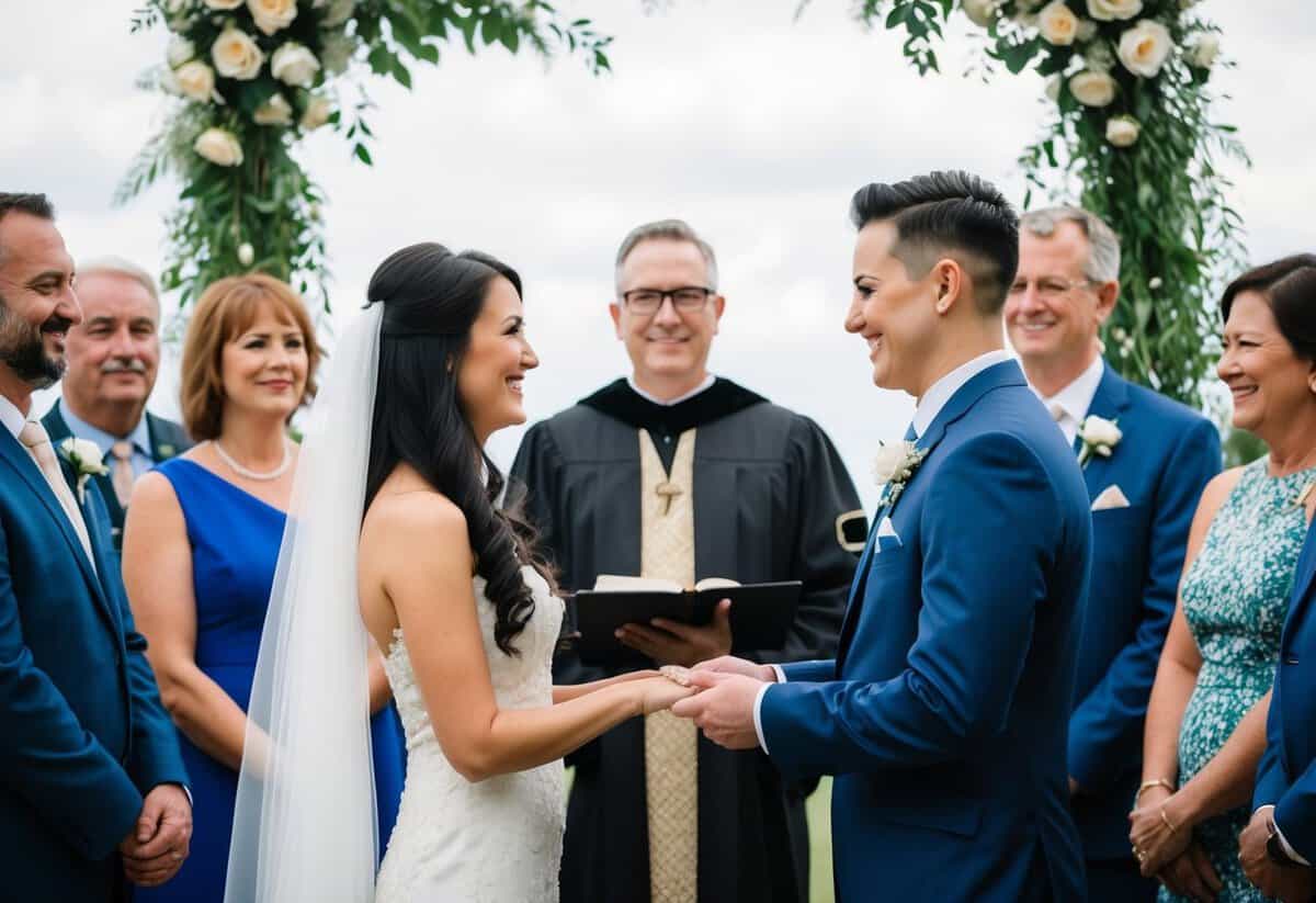 A couple standing before an officiant, surrounded by family and friends, exchanging vows with a simple "I do" at a wedding ceremony