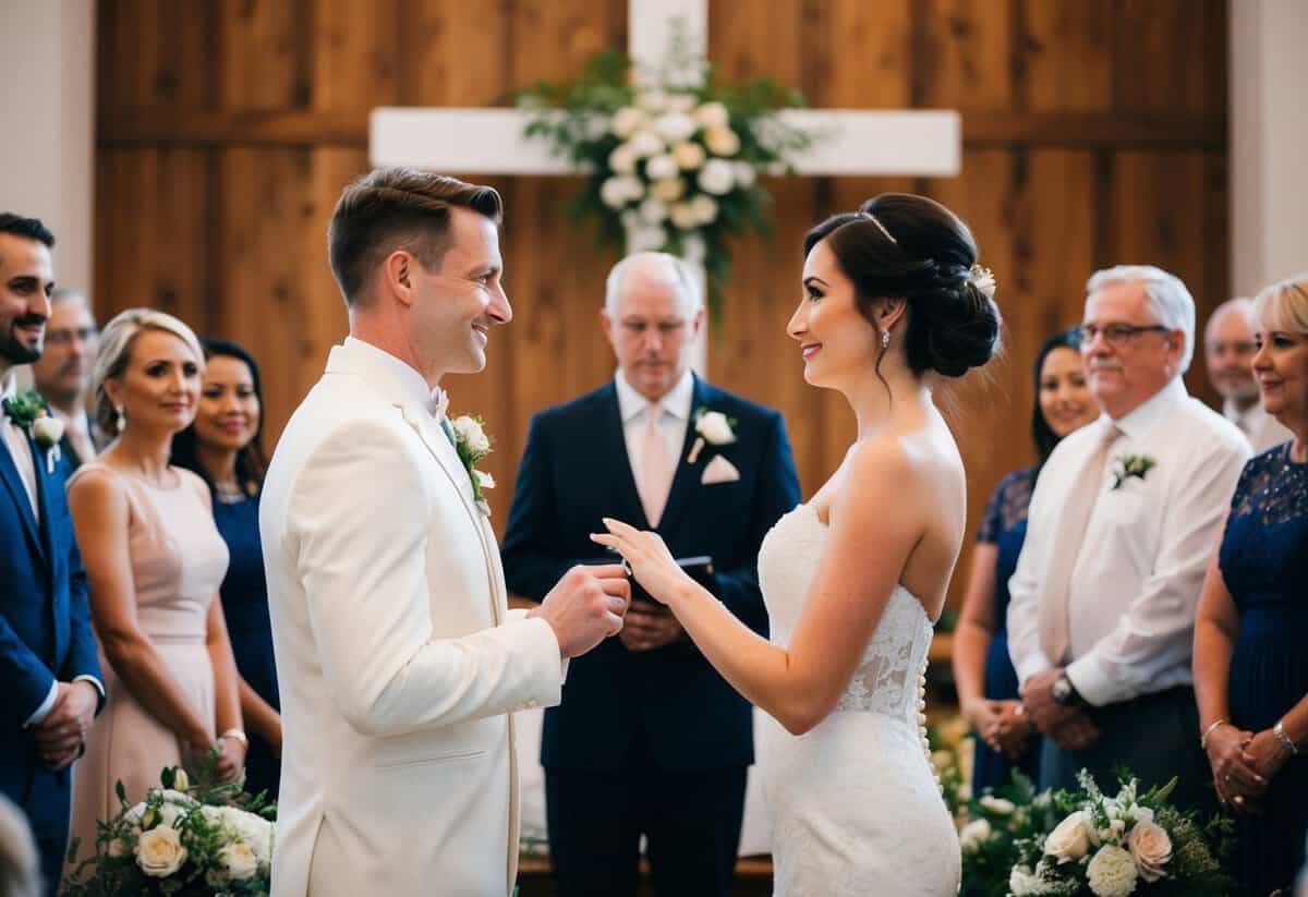 A bride and groom stand facing each other at the altar, surrounded by friends and family. The groom holds out a ring as the bride looks into his eyes, ready to say "I do."