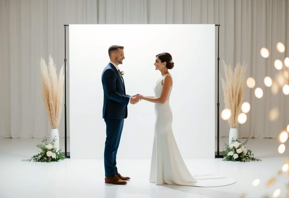 A couple standing in a minimalist, modern wedding setting exchanging vows with a simple backdrop and contemporary decor