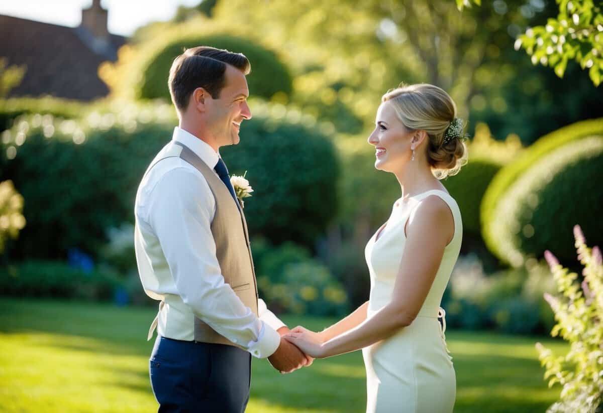 A couple standing in a sunlit garden, facing each other with smiles, exchanging simple wedding vows