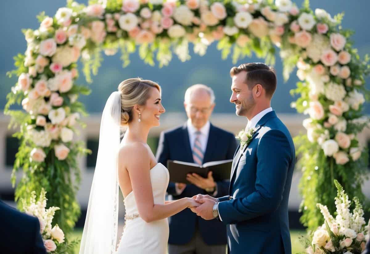 A couple standing at the altar, exchanging vows with a beautiful backdrop of flowers and greenery