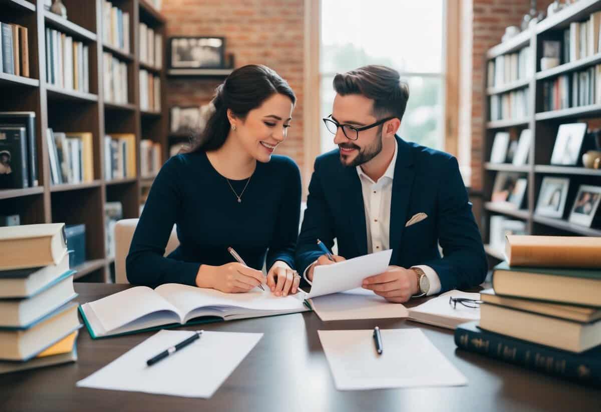 A couple sitting at a table with paper and pens, surrounded by books and photos, brainstorming wedding vows