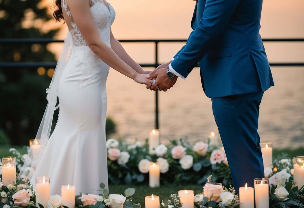 A bride and groom stand facing each other, surrounded by a circle of flowers and candles, as they exchange their wedding vows