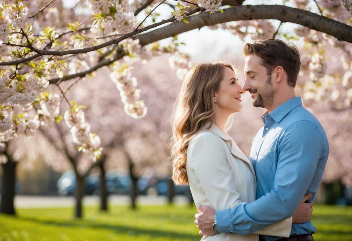 A couple standing together under a blossoming tree, gazing into each other's eyes with a serene and loving expression