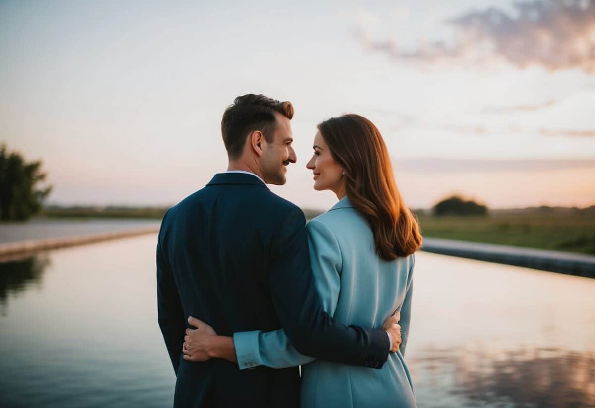 A couple standing together, facing each other, with a serene and modern backdrop