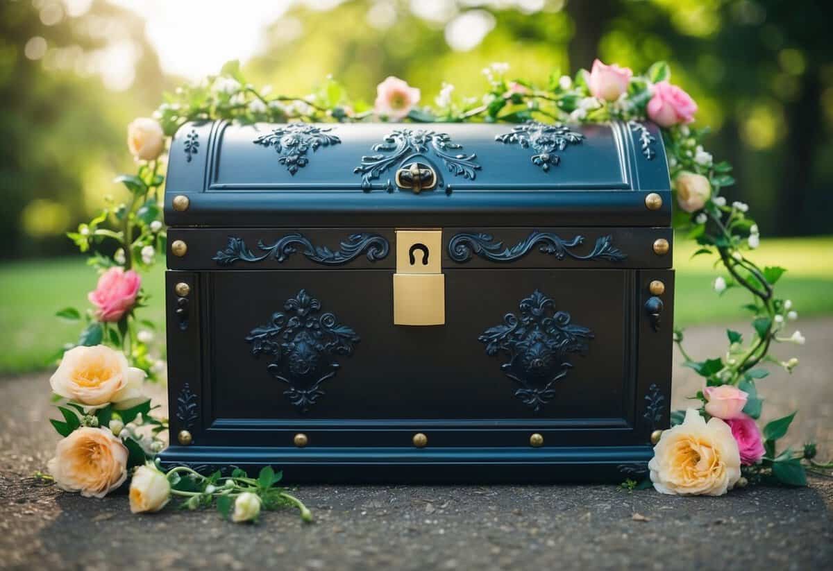 A locked ornate chest with a keyhole, surrounded by swirling vines and flowers, symbolizing the secrecy of wedding vows