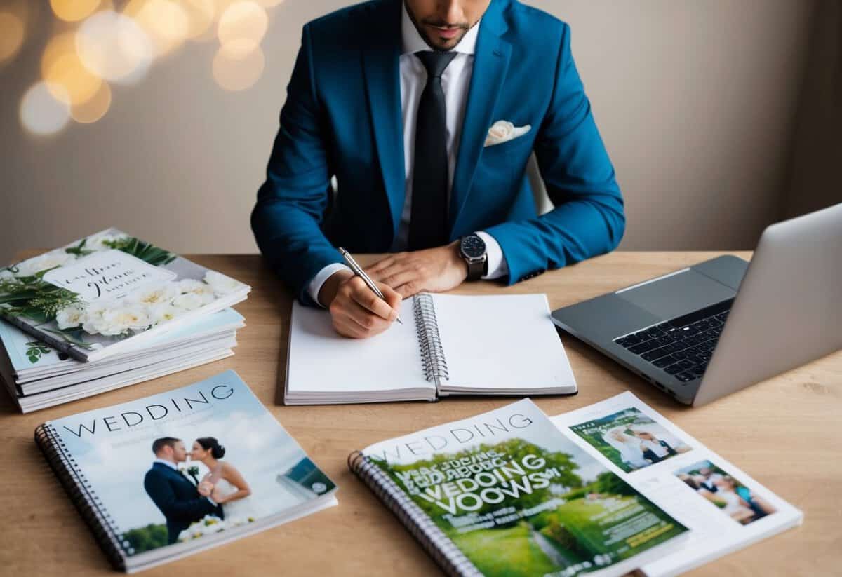 A person sitting at a desk with a notebook and pen, surrounded by wedding magazines and a laptop, deep in thought while brainstorming wedding vows