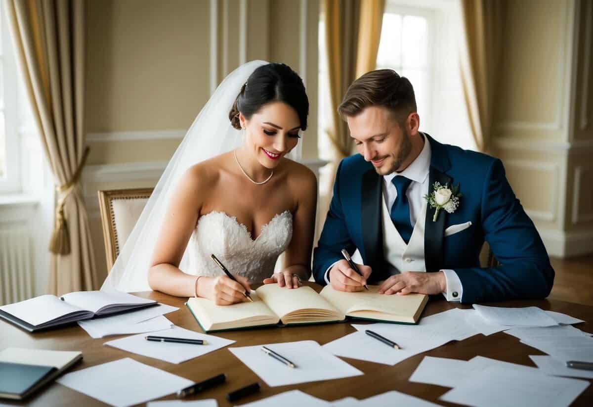 A bride and groom sit together at a table, writing in elegant notebooks while surrounded by scattered sheets of paper and pens