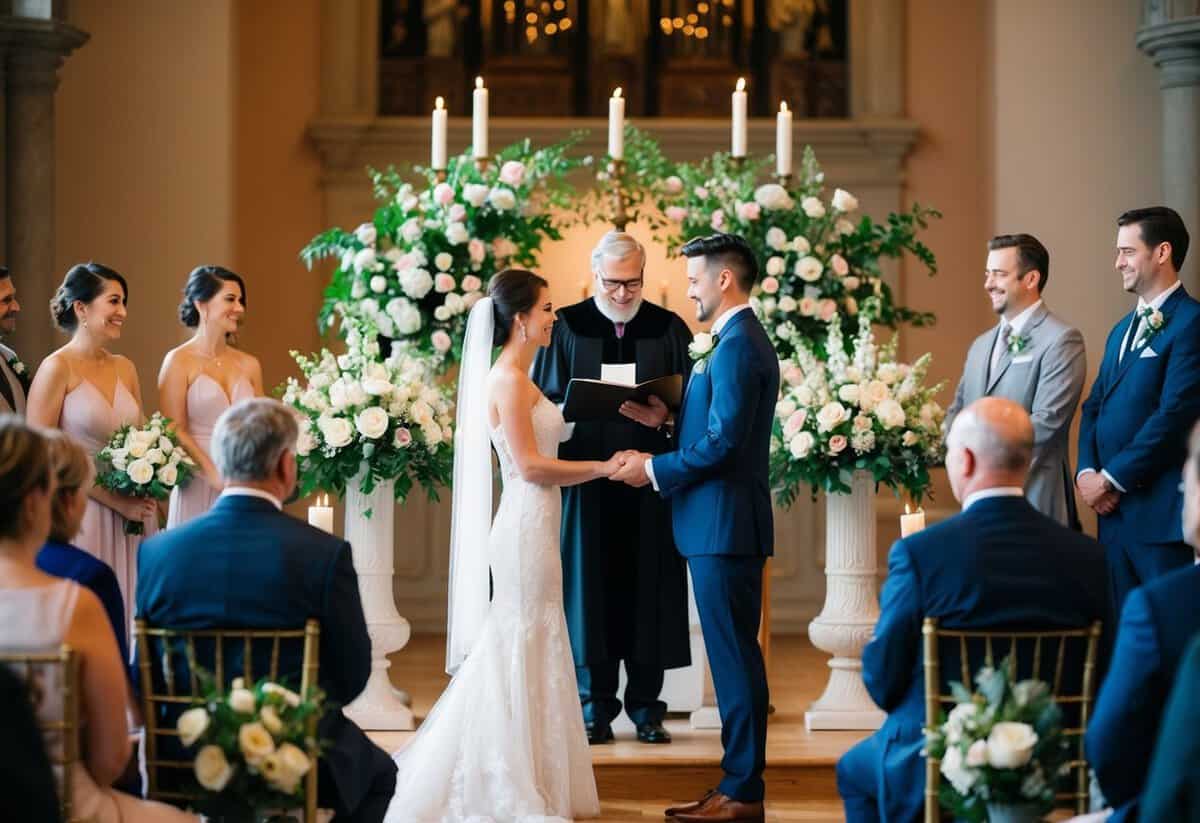 A couple standing at an altar, surrounded by flowers and candles, exchanging vows in front of an officiant and guests
