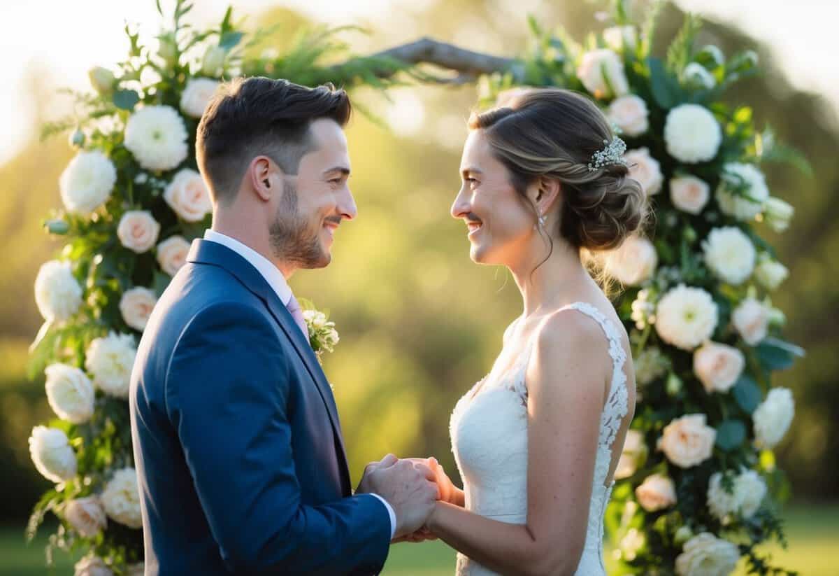 A couple standing face to face, surrounded by flowers and soft light, exchanging heartfelt vows